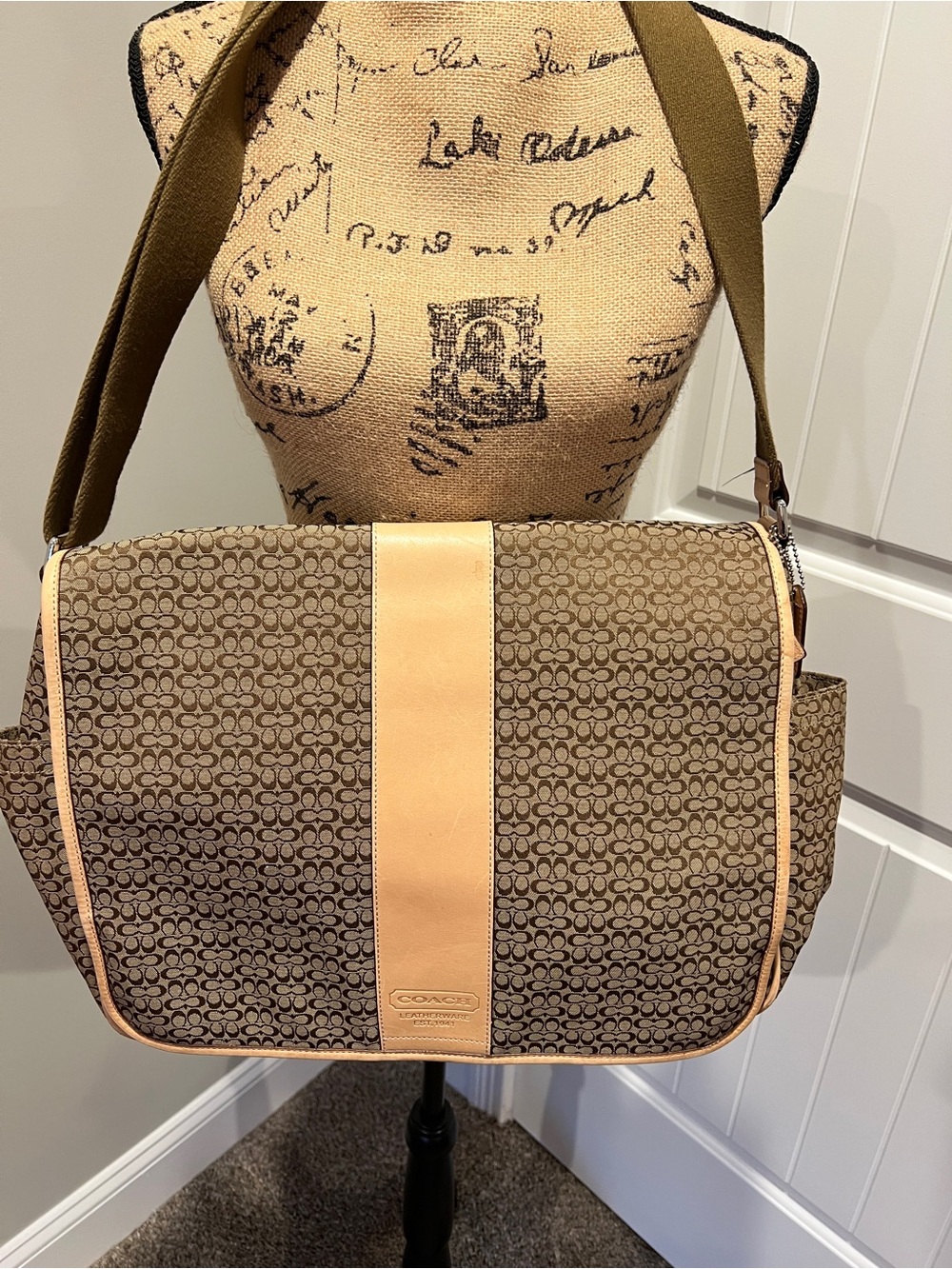 Coach Brown Signature Messenger with Tan Center Stripe